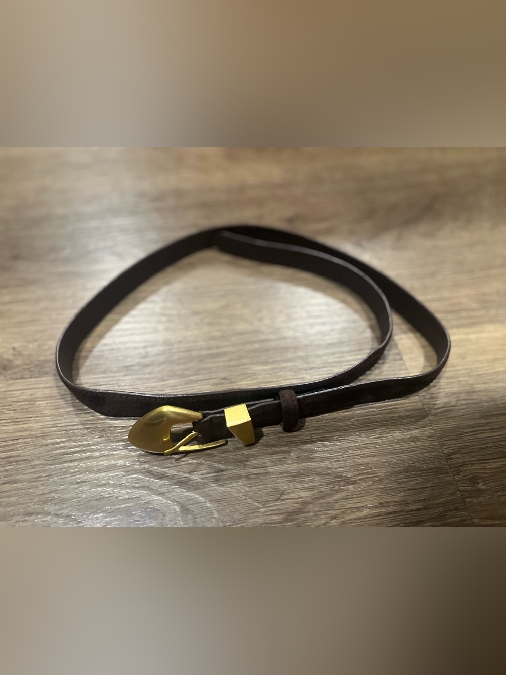 Women's Dark Brown Leather Belt with Gold Buckle